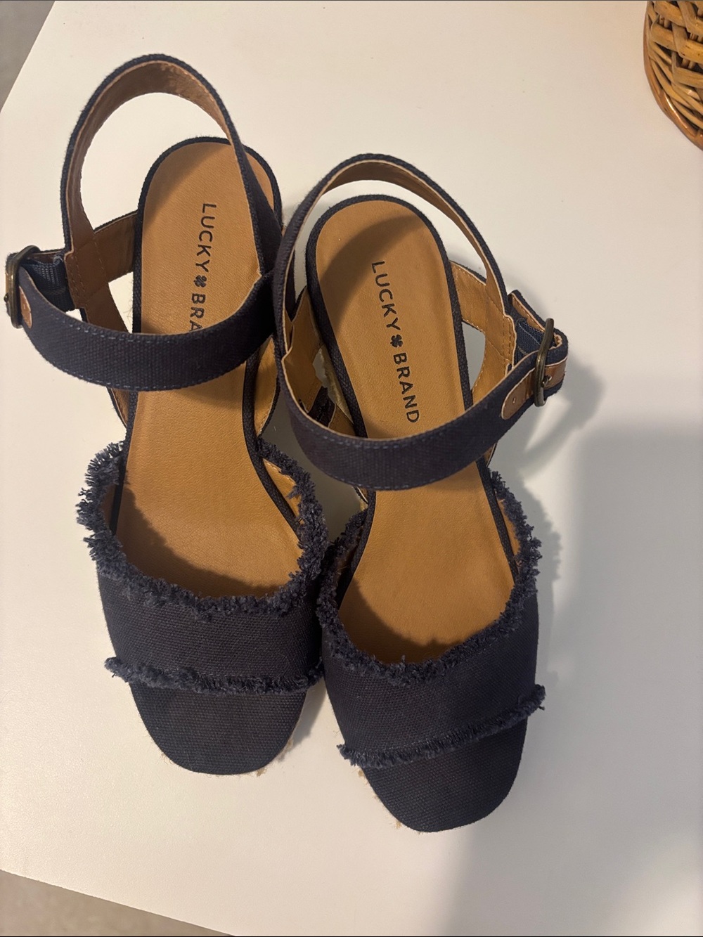 Lucky Brand Navy Frayed Strap Platform Sandals